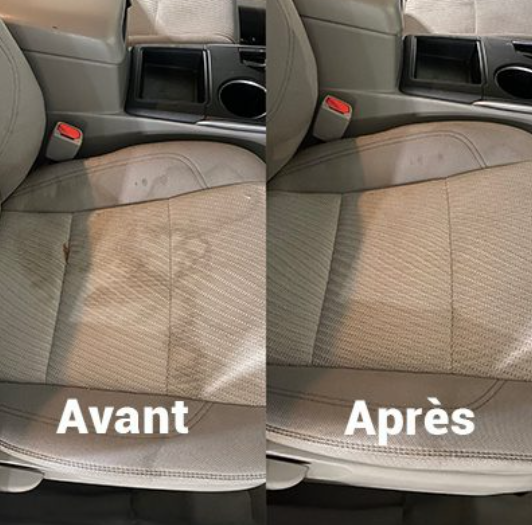 Assise de siège beige avant nettoyage à gauche et après nettoyage à droite